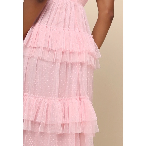 Lulus Pure Radiance Pink Mesh Swiss Dot Tiered Ruffle Straps Maxi Dress NWT S - Picture 3 of 15